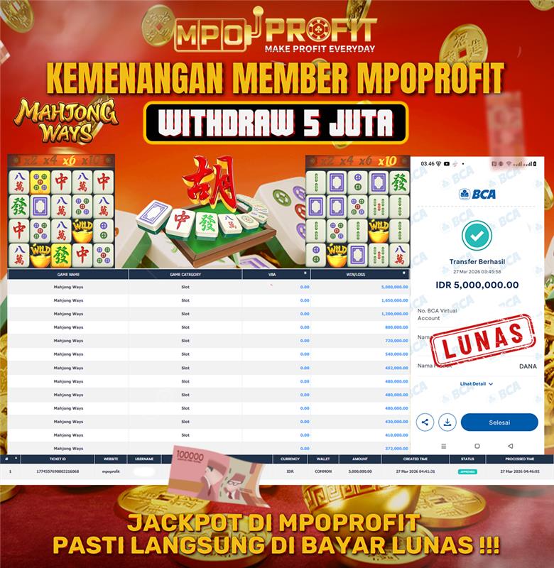 MPOPROFIT JACKPOT SLOT PGSOFT! KEMENANGAN MURNI DI (MAHJONG WAYS TOTAL RP. 5.000.000,- LUNAS)